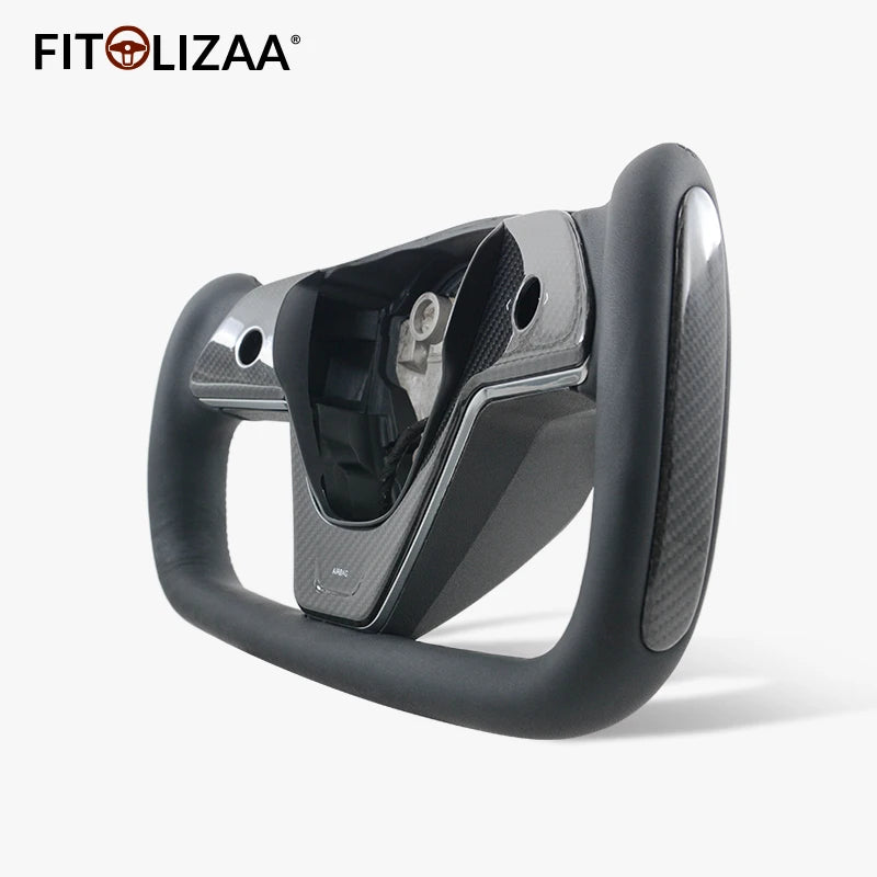 Nappa Leather Steering Wheel for Tesla Model 3 2017-2023 Model Y 2019+ Carbon Trim & Side -3